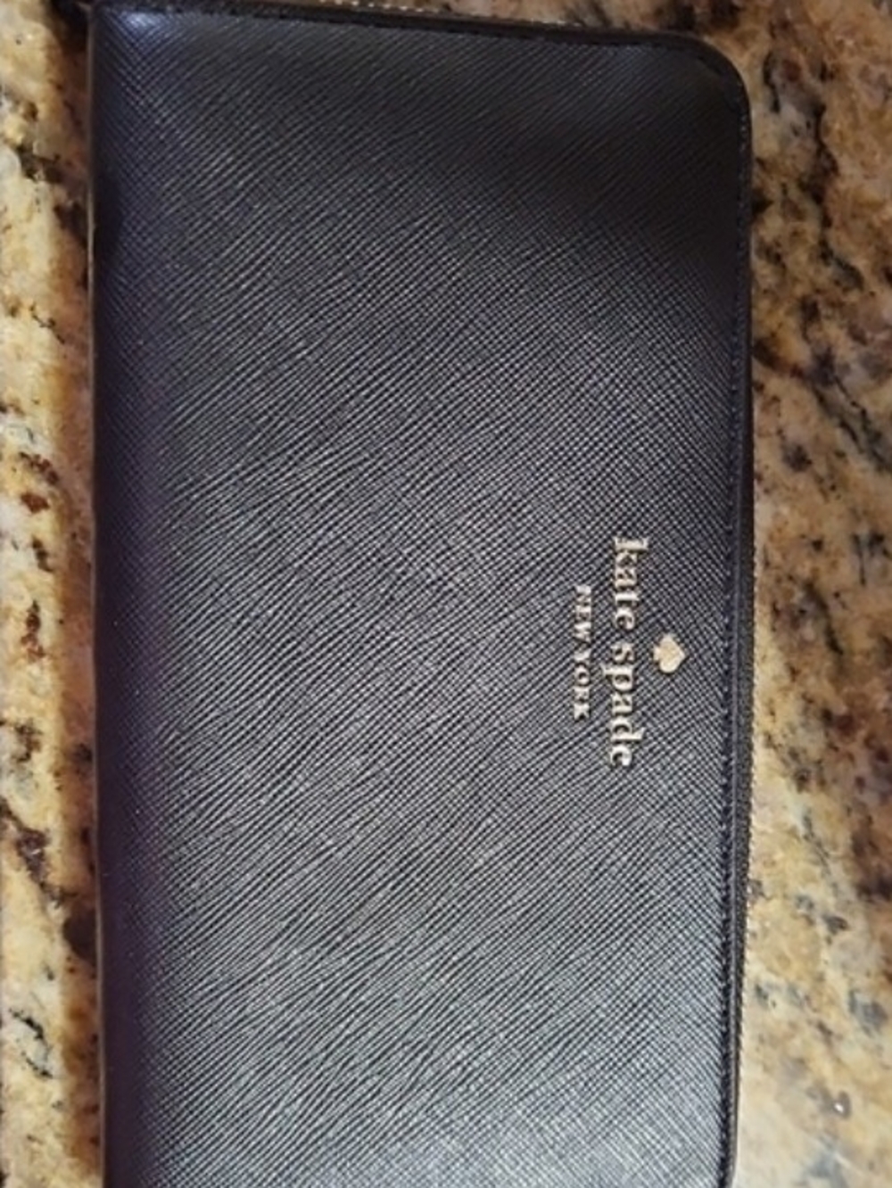 kate spade black leather zip card holder with gold logo